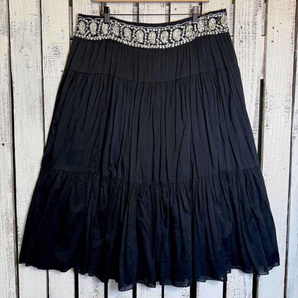 VTG Kaktus‎ Boho Black Midi Broom Skirt size XL Sequin Beaded Hippie Festival